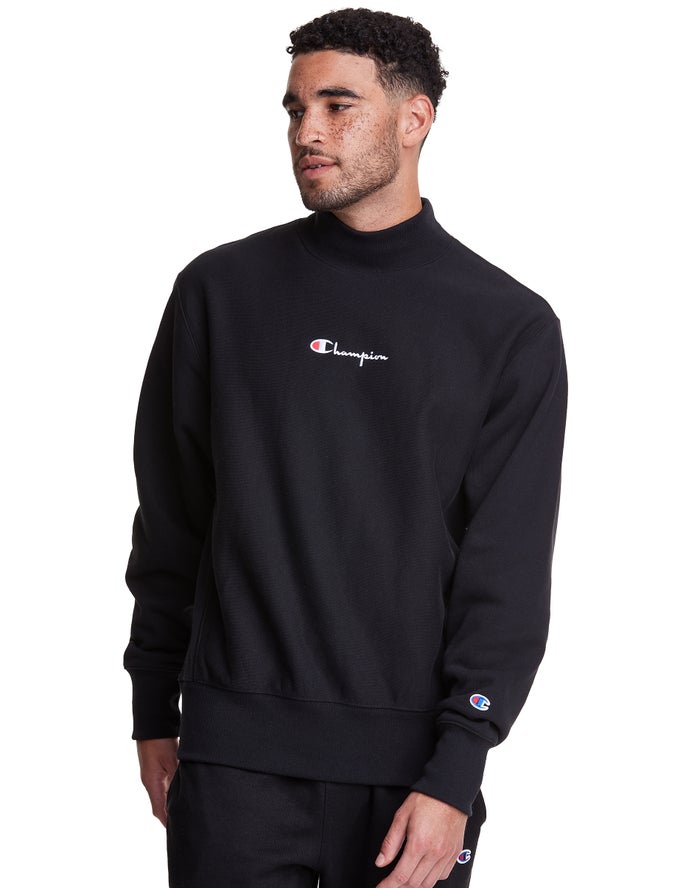 Champion Herre Sweatshirt Sort - Reverse Weave Mock Neck Crew - Danmark QKO-072164